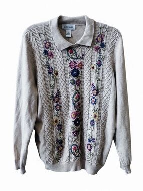 Express Tricot V-neck Tunic Sweater Sz L Cream V-neck Floral Embroidered Vintage